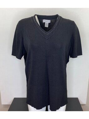 Sag Harbor Black V-Neck Short Sleeve Top Embellished Neckline Size 1X